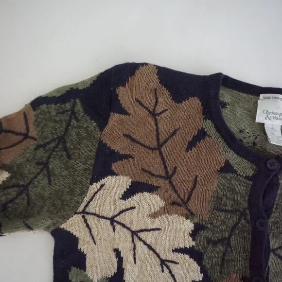Vintage Christopher Banks Taupe Leaf Botanical Pattern Button Knit Cardigan L - Picture 5 of 10